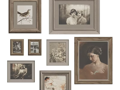 Photo Wall Decor With Multiple Frames And Various Artworks Including Portrait Bird And Scenery 3d model