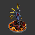 Game Movie Robot Character with Blue Armor Glowing Eyes Holding Weapon and Yellow Light Beams