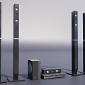 Modern Home Audio Speaker System With Black Column Speakers Subwoofer And AV Player