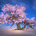 Purple Tree Landscape Sculpture Featuring Green Trunk Yellow Lanterns Red Ribbons Black Background And Reflection