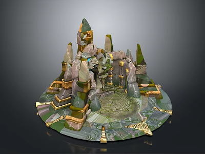 3D Fantasy Landscape with Rock Spires Golden Accents and Circular Platform 3d model