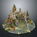 3D Fantasy Landscape with Rock Spires Golden Accents and Circular Platform