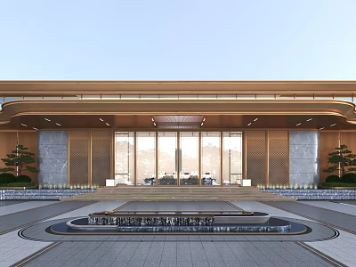 Modern Grand Entrance Gate Design With Glass Panels Metal Frame Steps And Fountain 3d model