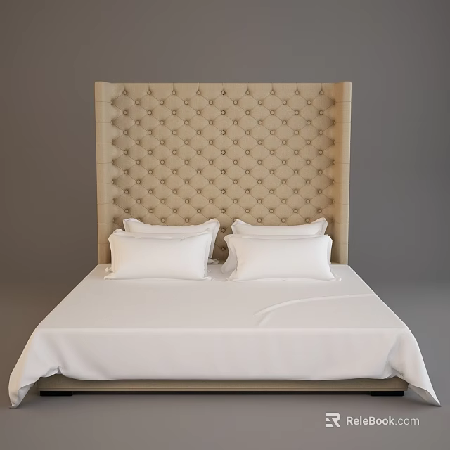 Elegant Double Bed Featuring Beige Tufted Headboard And White Bed Sheets With Pillows 3d model