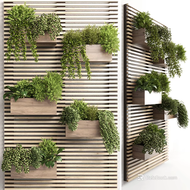Living Plant Wall Design With Wooden Planters And Various Green Plants For Indoor Home Decor 3d model 