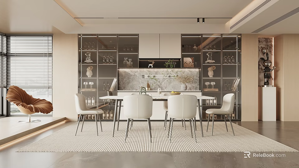 Elegant Modern Restaurant Interior With Marble Dining Table And Glass Display Cabinets 3d model
