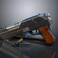 Futuristic Modern Pistol With Silver Metallic Body Wooden Grip Magazine And Ammunition