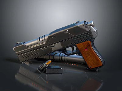 Futuristic Modern Pistol With Silver Metallic Body Wooden Grip Magazine And Ammunition 3d model