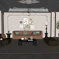 Luxurious Living Room With Beige Walls Decorative Ceiling Chandelier Framed Art And Orange Tufted Sofa