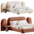 Modern Upholstered Double Bed With Curved Headboard White Bedding Wooden Side Tables And Hanging Lights