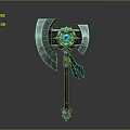 Glowing Enchanted Mythical Axe With Blue Gemstone And Ornate Wooden Handle