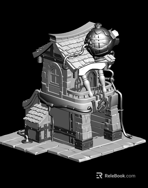 Cartoon Style Building With Tower Tile Roof Windows Balcony Mechanical Pipes And Spherical Device 3d model 