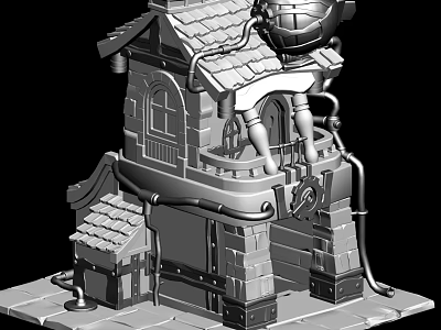 Cartoon Style Building With Tower Tile Roof Windows Balcony Mechanical Pipes And Spherical Device 3d model