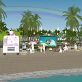 Beachside Campsite Featuring Palm Trees Pink Ice Cream Truck Umbrellas Chairs And Screen