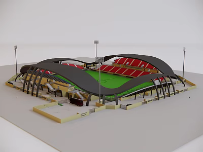 Architectural Sports Stadium Model With Red Seats Green Field And Black Roof 3d model