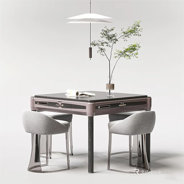 Modern Entertainment Table With Dark Surface Drawers Gray Chairs And Tabletop Vase Book 3d model 