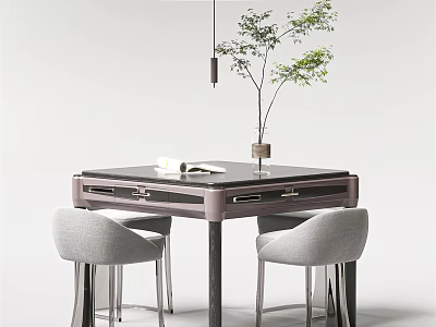 Modern Entertainment Table With Dark Surface Drawers Gray Chairs And Tabletop Vase Book 3d model