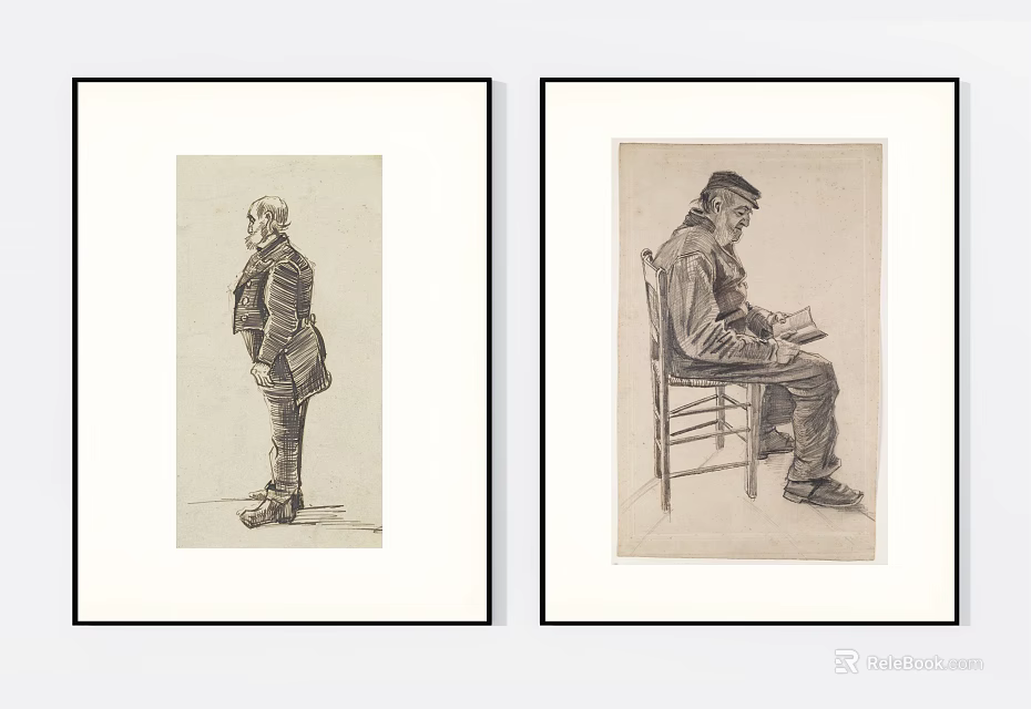 Portrait Drawings of Standing Figure and Seated Man Reading in Framed Artwork 3d model 