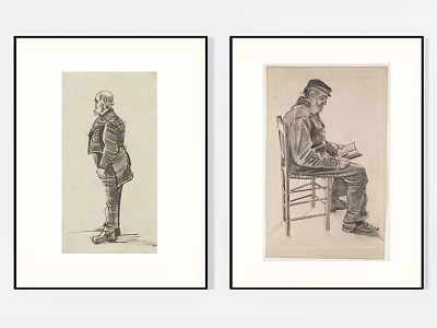Portrait Drawings of Standing Figure and Seated Man Reading in Framed Artwork 3d model
