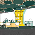 Modern School Library With Circular Bookshelves Green Cloud Ceiling And Colorful Chairs