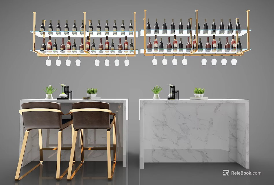 Modern Bar Counter With Marble Top Gold Racks Wine Bottles Glassware Stools And Small Plants 3d model 