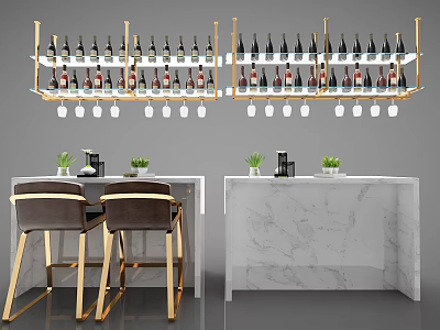 Modern Bar Counter With Marble Top Gold Racks Wine Bottles Glassware Stools And Small Plants 3d model