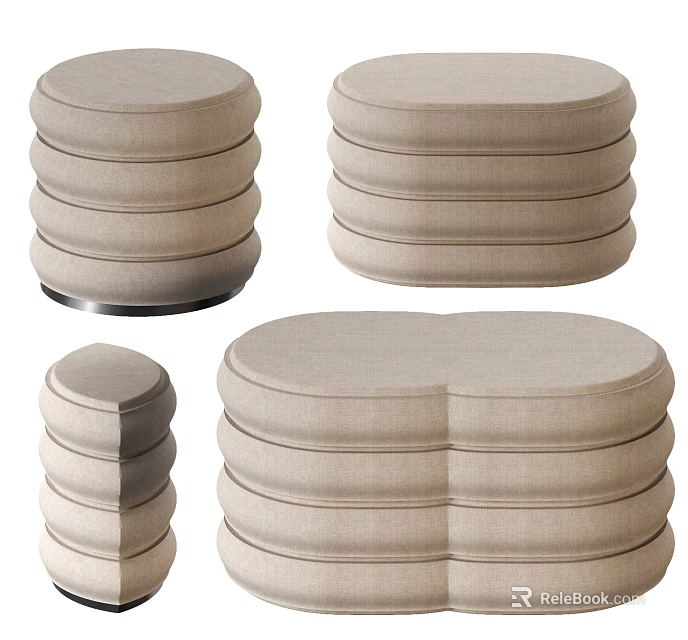 Beige Upholstered Ottoman with Round Oval Shapes and Layered Design for Modern Living Room 3d model 