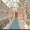 Futuristic Corridor Interior With Geometric Frame Structures Ceiling Lighting Blue Floor And End Door