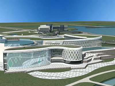 Modern Lakeside Building With Circular Design Glass Curtain Walls Geometric Patterns And Green Roof 3d model