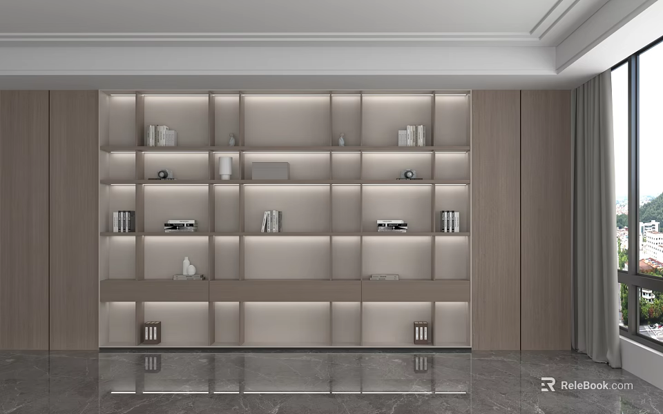 Modern Light Wood Open Shelf Unit With Built-in LED Lighting And Display Storage Compartments 3d model 