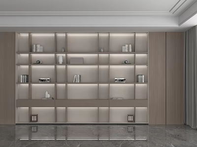 Modern Light Wood Open Shelf Unit With Built-in LED Lighting And Display Storage Compartments 3d model