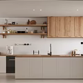 Warm Modern Living And Dining Area Interior With Wooden Shelves Plant And Decorative Vases