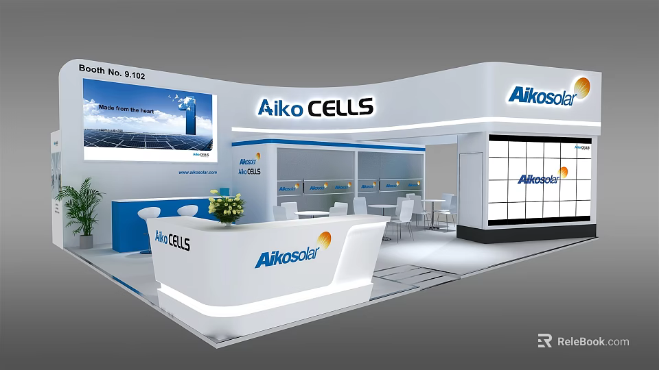 Modern Aikosolar Aiko CELLS Exhibition Booth Design With Reception Counter And Display Screens 3d model 