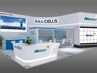 Modern Aikosolar Aiko CELLS Exhibition Booth Design With Reception Counter And Display Screens 3d model