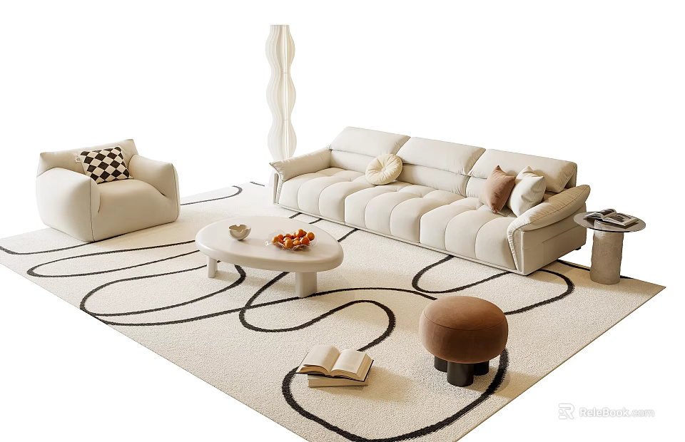Modern Sofa and Coffee Table Set with Accent Chair Pillows and Decorative Living Room Rug 3d model 