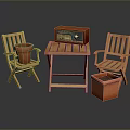 Wooden Patio Chairs And Table With Red Radio And Clay Flower Pots