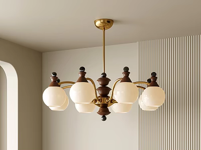 Vintage Chandelier With Brass Frame And White Glass Globe Lights In Minimalist Room 3d model
