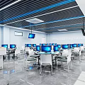School Modern Computer Classroom With Computers Blue Screens White Desks And Chairs Spacious Windows 3d model