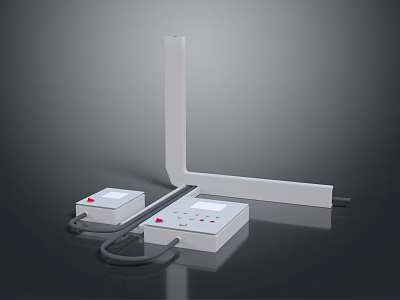 White L Shaped Structure With Control Boxes Red Buttons And Connecting Cables 3d model