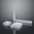 White L Shaped Structure With Control Boxes Red Buttons And Connecting Cables