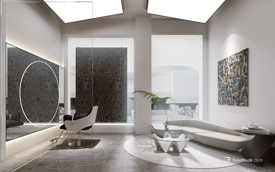 Modern Beauty Salon Interior Design With White Chair Large Mirror Plant And Artwork 3d model 