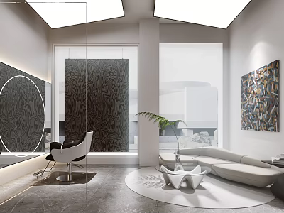 Modern Beauty Salon Interior Design With White Chair Large Mirror Plant And Artwork 3d model