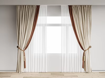 Elegant Beige And Brown Double Layer Curtains With Sheer Panels And Tiebacks For Window Decoration 3d model