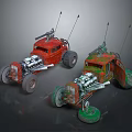 Vintage Red and Green Custom Cars With Exposed Engines and Large Wheels