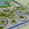 Scenic Park Landscape With Lake Water Area Circular Lawn Features Curved Walkways And Green Trees