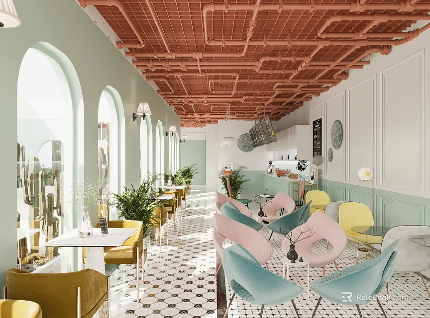 Chic Cafe Interior With Mint Walls Arched Windows Green Plants Copper Ceiling And Colorful Chairs 3d model 