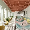 Chic Cafe Interior With Mint Walls Arched Windows Green Plants Copper Ceiling And Colorful Chairs