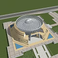 Modern Public Building With Circular Glass Dome And Square Structures In Open Area 3d model