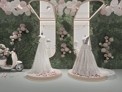 Bridal Clothing Store Displaying Elegant Wedding Dresses Mirrors Balloons Greenery Wall Pink Flowers And Scooter 3d model