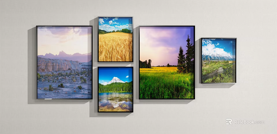 Collection of Landscape Paintings with Mountains Wheat Fields Lake Grassland and Sunset on Wall 3d model 